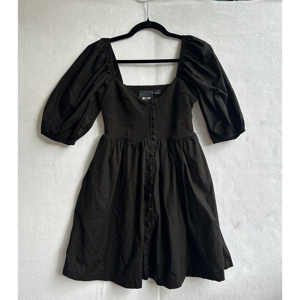 Anthropologie Maeve Puff Sleeve Smocked Button Front Black Mini Dress Size M